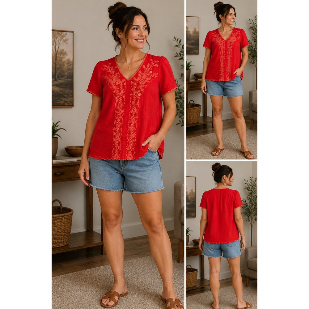 Johnny Was Blouse Red Orange Embroidered Scalloped V-Neck Boho Small